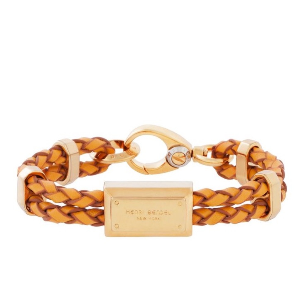 Henri Bendel Braided Leather Bracelet with Gold Plate - Tan/Orange & Gold